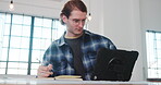Architect, notebook or man in agency with tablet, design planning and draft of renovation strategy. Writing, digital and engineer with tech, progress checklist and research for remodeling project.