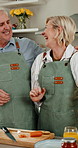Cooking, laugh or old couple in kitchen with vegetables, happy moment or bonding with meal prep. Connection, tasting or senior people with ingredients, healthy relationship or culinary hobby in home.