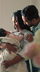 Parents, baby and swaddle with love in home for comfort, rest or peaceful sleeping time together. Mom, dad and child asleep with support or embrace for gentle parenthood, security or safety in house