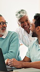 Senior, parents and laptop with adult son in home for financial advice, help or assistance. Elderly, man and woman with family advisor with computer for asset management, retirement plan or guidance