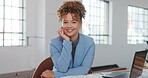 Architect, woman and face in office with laptop for civil engineering, research and internet. Female engineer, tech and happy, floor plan or infrastructure development with smile for creative career