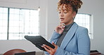 Finance, tablet and thinking with business woman in office for investment planning or solution. App, decision and risk management with professional broker in financial workplace for portfolio review