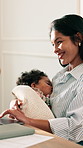 Mom, baby and remote work with laptop in home for parenthood, comfort or kiss with affection. Mother, freelancer or computer with smile, child or kid for love, growth or development together in house
