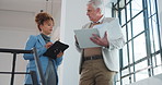 Manager, people and file in office with tablet, discussion and instructions for personal assistant. Business management, team talk and folder in workplace with tech, executive secretary or low angle.