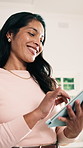 Happy, thinking and woman with tablet in home with research, communication or reading blog on app. Smile, digital technology and person with online article on budget planning in house from below.