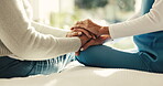 Nursing home, senior care and holding hands with caregiver, support and help for patient in bedroom. Assisted living, nurse and compassion for elderly person, consultation and empathy with gesture