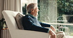 Thinking, relax or senior man at window with inspiration, daydreaming or nostalgia in calm mindset. Retirement, reflection and elderly person with memory, flashback and peaceful perspective in home.