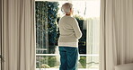 Thinking, calm or elderly woman at window with inspiration, daydreaming or memory in chill mindset. Retirement, back and senior person with reflection, flashback and peaceful perspective in home.