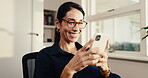 Phone, glasses and freelancer with woman in home office for publicist update, content marketing and research. Remote work, communication and branding review with mature person and tech for app