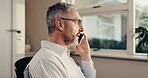 Home office, man and talking with phone call for business, sprint plan or campaign update in WFH. Remote work, mature growth lead or mobile chat for marketing vendor pitch, project briefing or happy