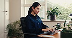 Laptop, typing and freelancer with woman in home office for publicist update, content marketing and research. Remote work, email chat and branding review with mature person and tech in house