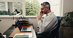 Home office, man and laptop with phone call for remote work, technical audit review or site speed. Freelancer, mature SEO specialist and mobile chat for diagnostic check, web optimization plan or WFH