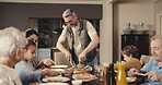 Celebration, generations or family in home with food, bonding together or healthy buffet in reunion. Love, sharing or people with nutrition feast, social gathering or connection in holiday tradition.