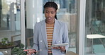 Business, presentation and woman with tablet, talking or financial planning with research on website. Office, speaker and black person with tech, discussion and ideas for wealth management with info