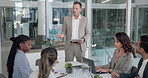 Presentation, tablet and businessman in workshop for feedback, finance review and kpi report. Meeting, startup and speaker with digital tech for research, budget and planning for collaboration