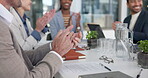 Hands, business people and workshop with applause for collaboration, congratulations or good news. Celebration, employees or excited in office with meeting for team, support and success report