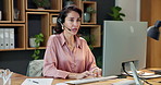 Consultant, computer and happy woman with headset in office for customer service or communication. Female person, agent or talking with smile for virtual assistance or desktop support in workplace