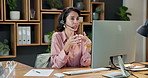 Agent, computer and happy woman with headset in office for customer service or communication. Female person, consultant or talking with mic for virtual assistance, CRM or desktop support in workplace