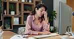 Eye strain, burnout and businesswoman with computer in business, accountant and tax season pressure. Tired, bookkeeper and mature person with wrong prescription glasses, stress and headache in office