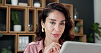 Smile, woman and reading in office with tablet, research and check grammar for story update. Thinking, mature person or happy in newsroom with digital, email source and review article for copywriting