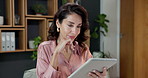 Happy, business and woman in office with tablet, research and check grammar for story update. Thinking, mature person and smile in newsroom with tech, email source and review article for copywriting