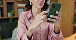 Hands, corporate and woman in office with phone, research and check grammar for story update. Mature person, scroll or reading in newsroom with mobile, email source and review article for copywriting
