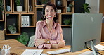 Face, consultant or happy woman with headset in office for virtual assistance or communication. Portrait, female person or proud agent with smile or mic for CRM, customer service or help in workplace