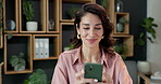 Smile, business and woman in office with phone, research and check grammar for story update. Thinking, mature person and happy in newsroom with mobile, email source and review article for copywriting