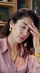 Stress, eye strain and businesswoman in office with fatigue, burnout or brain fog for finance report. Headache, glasses and financial manager with discomfort for wrong optical prescription at agency.