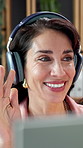 Woman, tech and wave in office for video call, finance webinar and headphones in consultation. Mature financial advisor, online conference and computer in agency for feedback, network or introduction