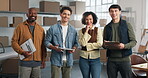 Face, logistics and team with tablet and clipboard for inventory, management and laugh in stockroom. Men, woman and diversity with tech in warehouse for paper log, storage and stock distribution