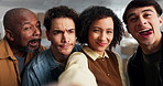 Logistics, funny face and team selfie with people in office for social media update, laugh or memory. Picture, collaboration or happy workers in small business, playful or POV at distribution startup