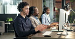 Man, computer and headset in call center for sales, telemarketing and explain offer for insurance. Agent, coworking and technology in agency for communication, policy advice and list coverage options
