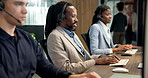 Happy man, computer and headset in call center for sales, telemarketing and typing info for insurance. Agent, coworking and technology in agency for communication, policy advice and crm discussion