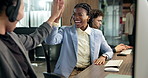 Call center, high five and business people in office for good news, crm or voip system training. Happy, celebration and technical support team in workplace with positive feedback, help desk or advice