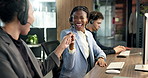 Call center, fist bump and business people in office for good news, crm or voip system training. Happy, celebration and technical support team in workplace with positive feedback, help desk or advice