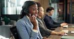 Happy woman, computer and headset in agency for telemarketing, insurance and explain offer for sales. Agent, coworking and tech in call center for communication, policy advice and coverage options