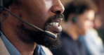Headset, man and mouth of call center agent in office with crm, voip system or online consultation. Mic, talk and technical support consultant in workplace with customer service, help desk or contact