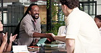 Handshake, clapping and business people in office with deal, agreement or finance negotiation. Applause, meeting and financial advisor shaking hands with investor for investment contract in workplace
