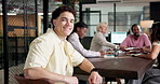 Creative, face or man in agency with smile, branding specialist or about us in business growth. Happy, meeting or advertisement advisor with pride, campaign expert or confidence in marketing career.