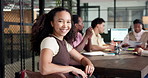Creative, face or woman in office with smile, brand specialist or about us in business growth. Happy, portrait or advertisement advisor with laugh, campaign expert or confidence in marketing career.