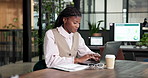 Smile, business and black woman in office with laptop, research and finance analysis for accounting. Thinking, person and typing in workplace with pc, financial stats and profit for revenue analytics