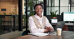 Face, business and black woman in office with laptop, research and finance analysis for accounting. Portrait,  person and smile in workplace with pc, financial stats and profit for revenue analytics