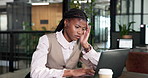 Stress, headache and woman with laptop in office for accounting pressure, tax fatigue and typing. Computer, accountant or black person with migraine for budget cut, financial shortage or overwork