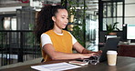 Business, woman and typing in office with laptop, research and finance analysis for accounting. Person, review or document in workplace with pc, financial report and information for revenue analytics