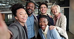 Face, people and business team with selfie for photography or capture moment together in office. Portrait, happy group or employees with smile for picture, memory or social media post in workplace