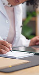 Doctor, hands or writing with book for medication prescription, diagnosis or dosage in clinic. Female person, healthcare worker or taking notes with checklist or pills for pharmaceutical instructions