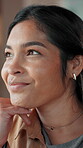 Woman, thinking and smile for reflection in home, memory or insight with inspiration for future. Person, happy or problem solving mindset for perspective, decision or choice with mindfulness at house
