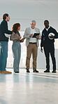 Business, people and meeting with tablet for construction progress, site visit or compliance audit. Team, engineer and stakeholder with tech for renovation timeline, inspection and quality assurance