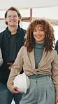 Face, architect and team with smile for construction, renovation or about us in building site. Portrait, contractor or civil engineer with happy group for architecture project or development together